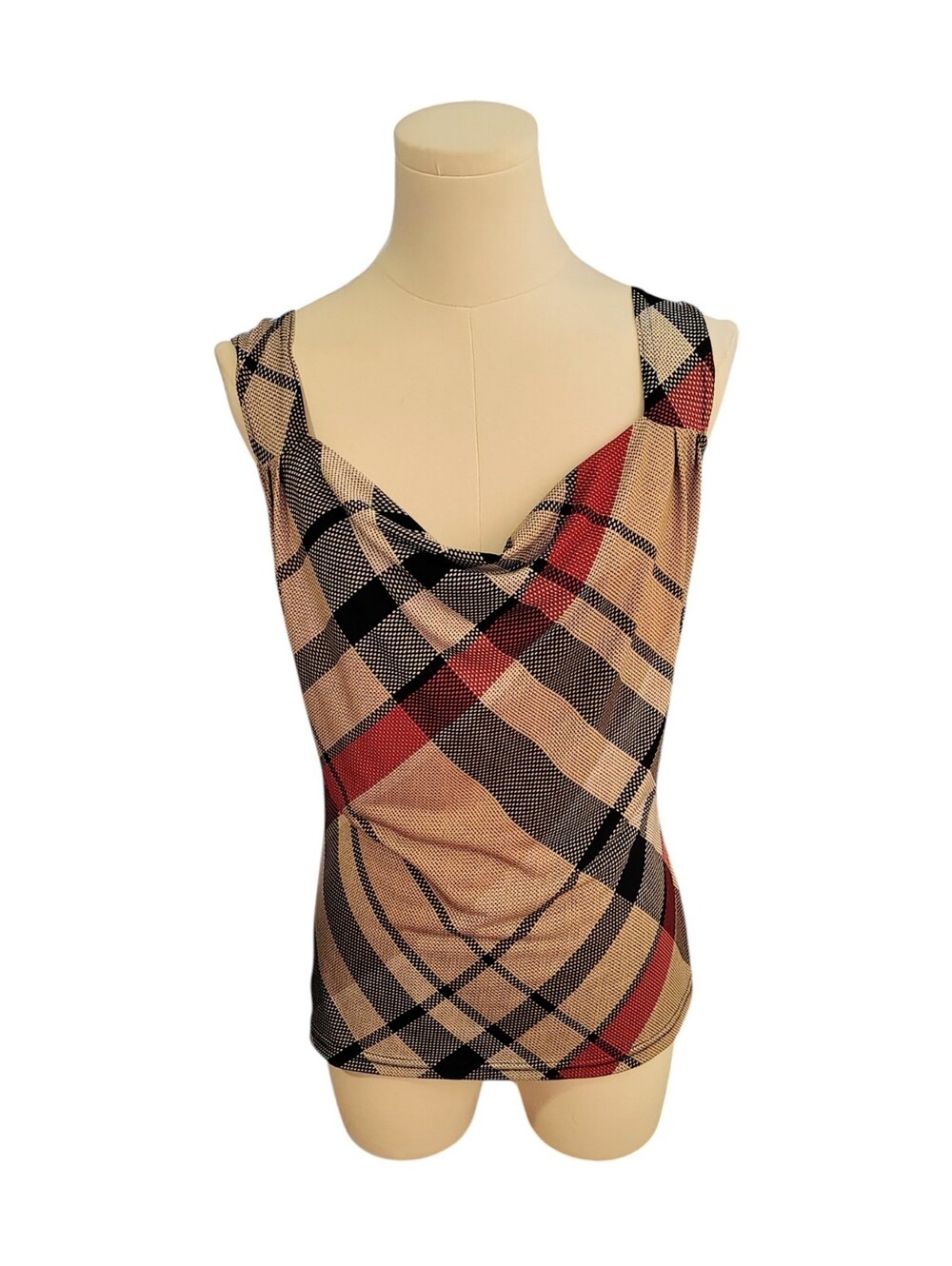 Y2K Wrapper Vintage Tan Red Black Plaid Scoop Neck Tank Top Blouse Size Medium